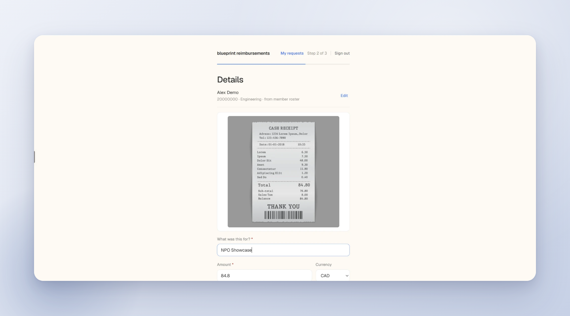 Blueprint Reimbursements: a scanned receipt and claim details form, ready to submit