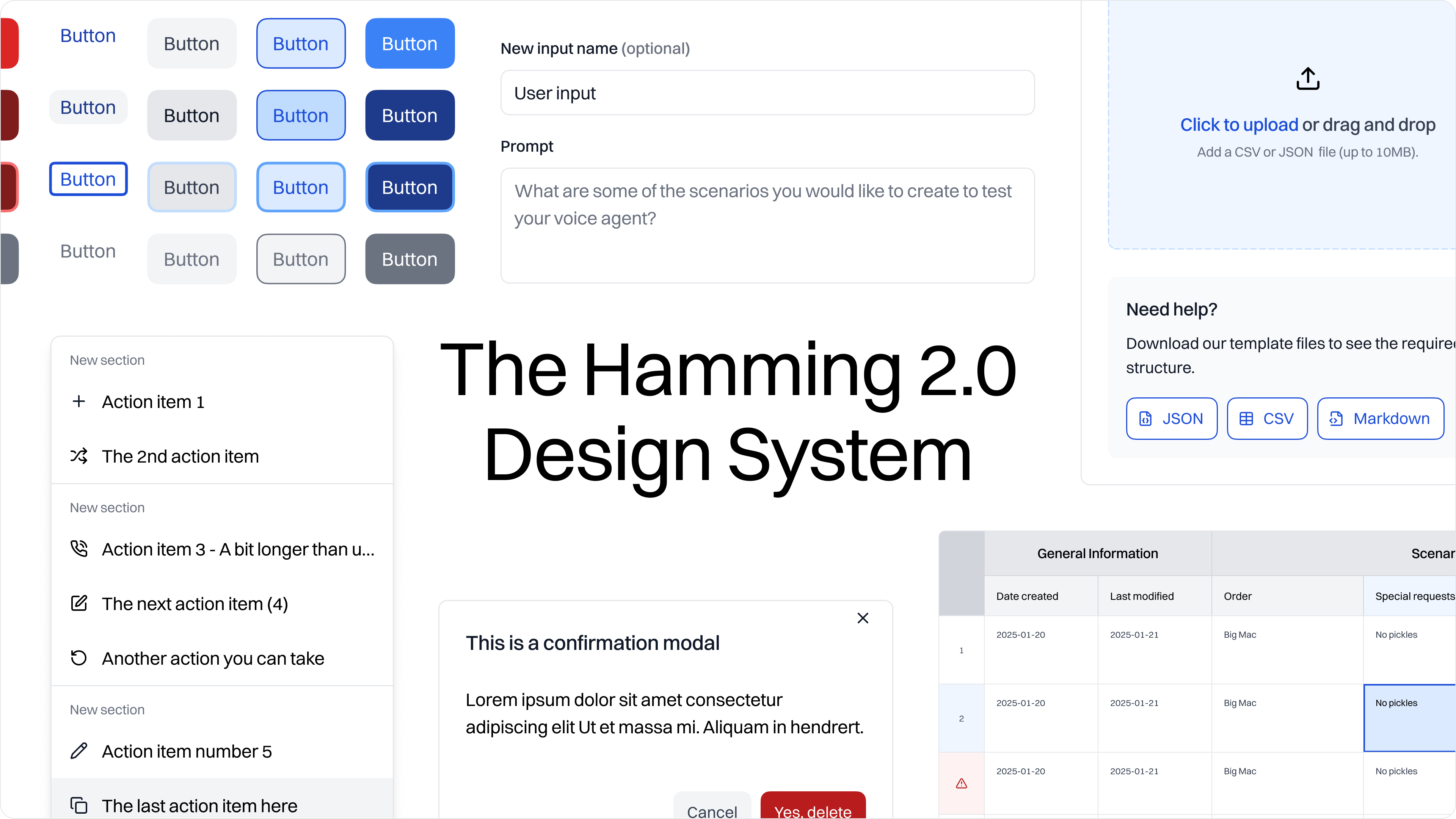Our new and updated Hamming 2.0 design system: buttons, sidebar navigation, upload inputs, and modals built on top of Flowbite.