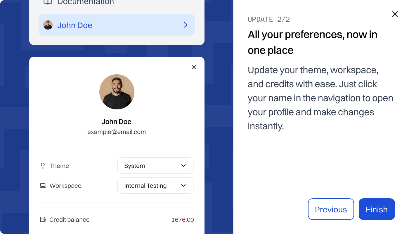 Marketing card announcing the navigation update to users: 'All your preferences, now in one place,' letting users update theme, workspace, and credits from their profile.