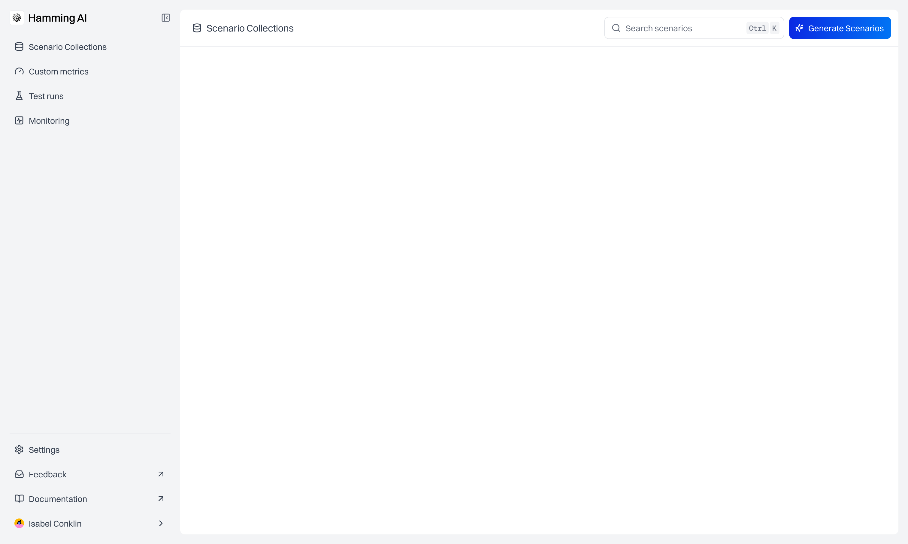Simplified mockup of the redesigned Hamming AI sidebar navigation, condensed and organized by Scenarios, Monitoring, Custom Metrics, Prompts, and Chat Agents.