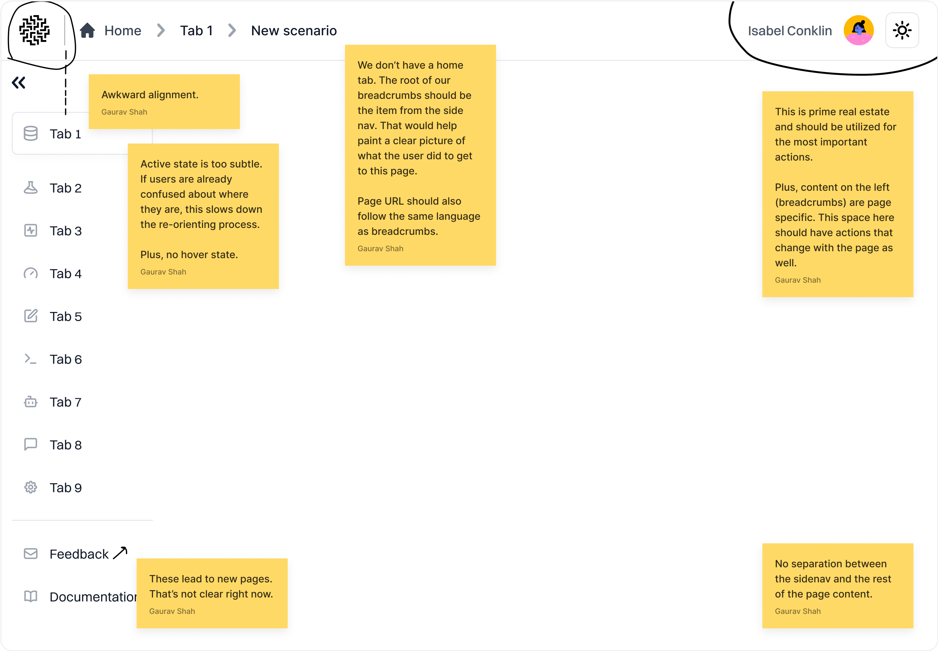 Annotated screenshot of the previous navigation menu, flagging awkward alignment, a too-subtle active state with no hover state, missing breadcrumbs, and unused space at the top of the page.